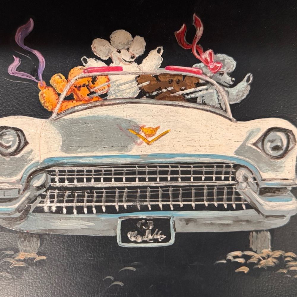 Vintage Hand Painted Cadillac Convertible with Poodles Handbag